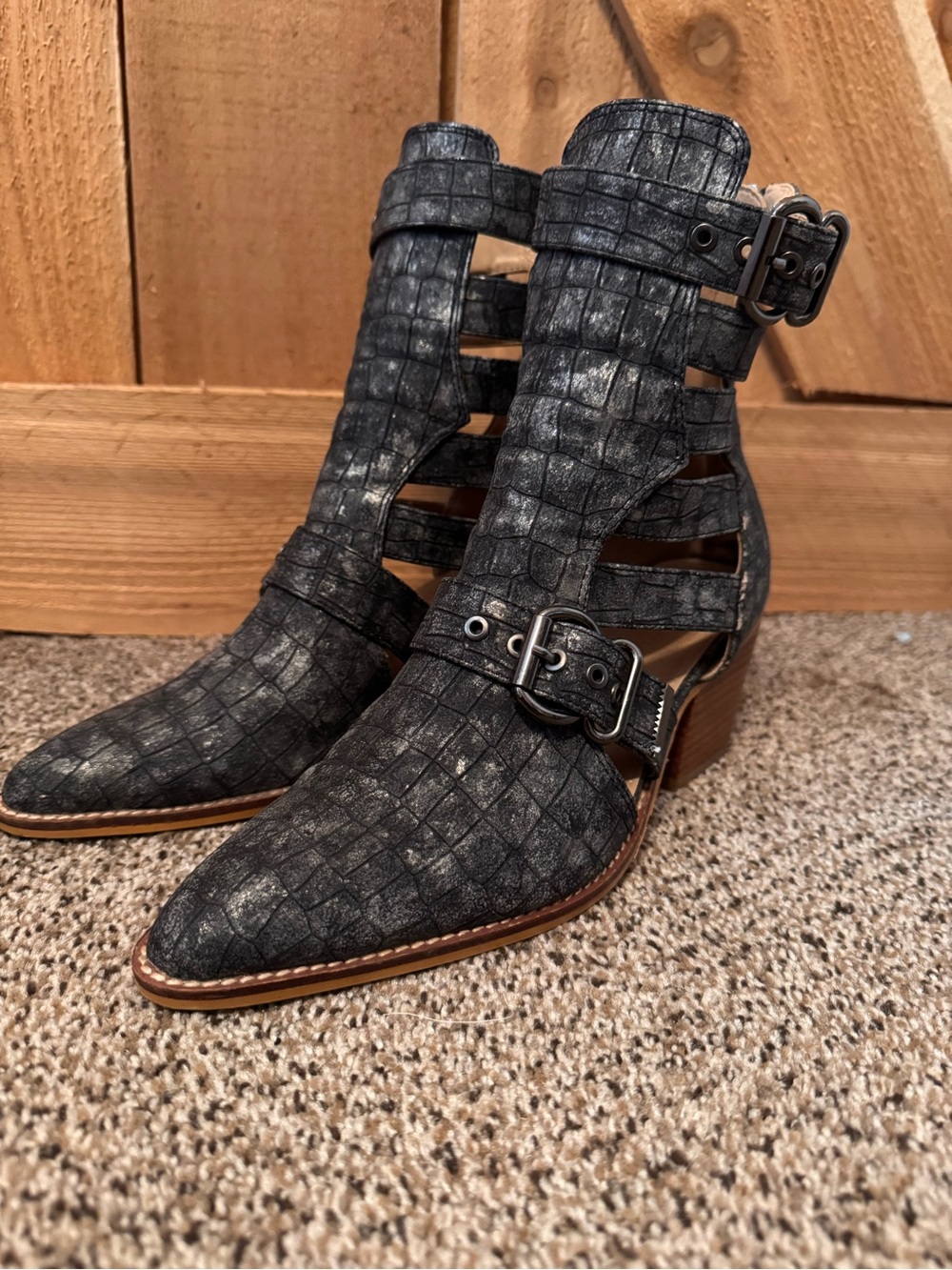 Croc-Textured Black Cutout Ankle Booties with Buckle Detail